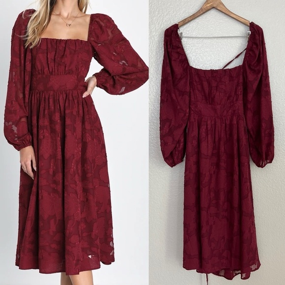 Lulus Dresses & Skirts - Flirtatious Nature Burgundy Floral Jacquard Lace-Up Midi Dress